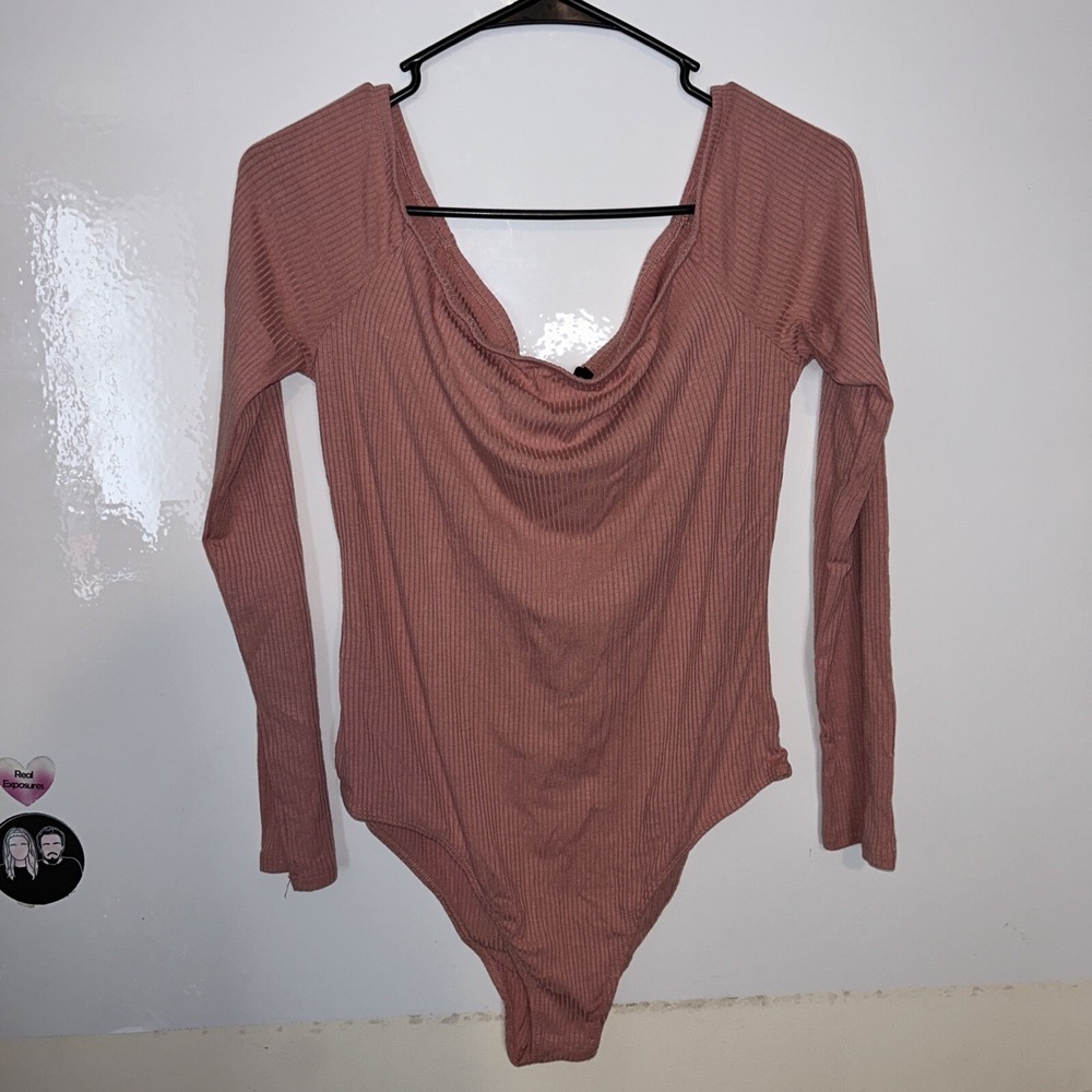 NWT Ambiance Women's Pink Rayon Scoop Neck Long Sleeve One Piece Bodysuit Size L